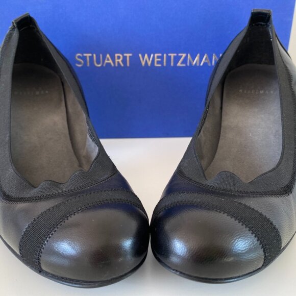 Stuart Weitzman | Black Elastic trim Block Heels Round Toe Leather Pump - Picture 3 of 13